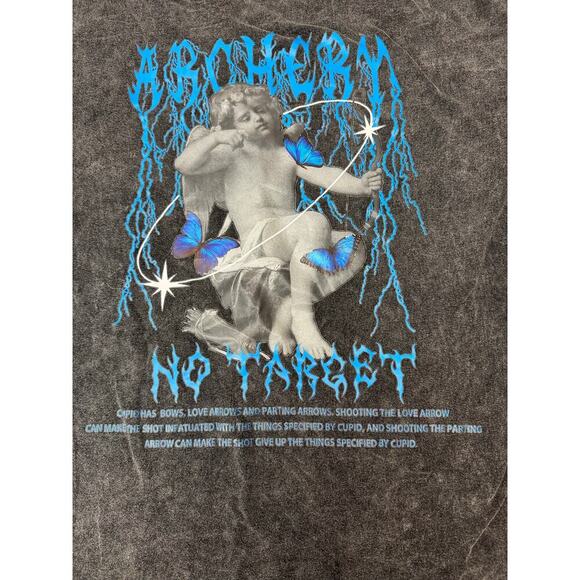 Washed Black Angel Cupid Graphic Tee Lightning Y2K Grunge Streetwear Medium - Picture 5 of 7